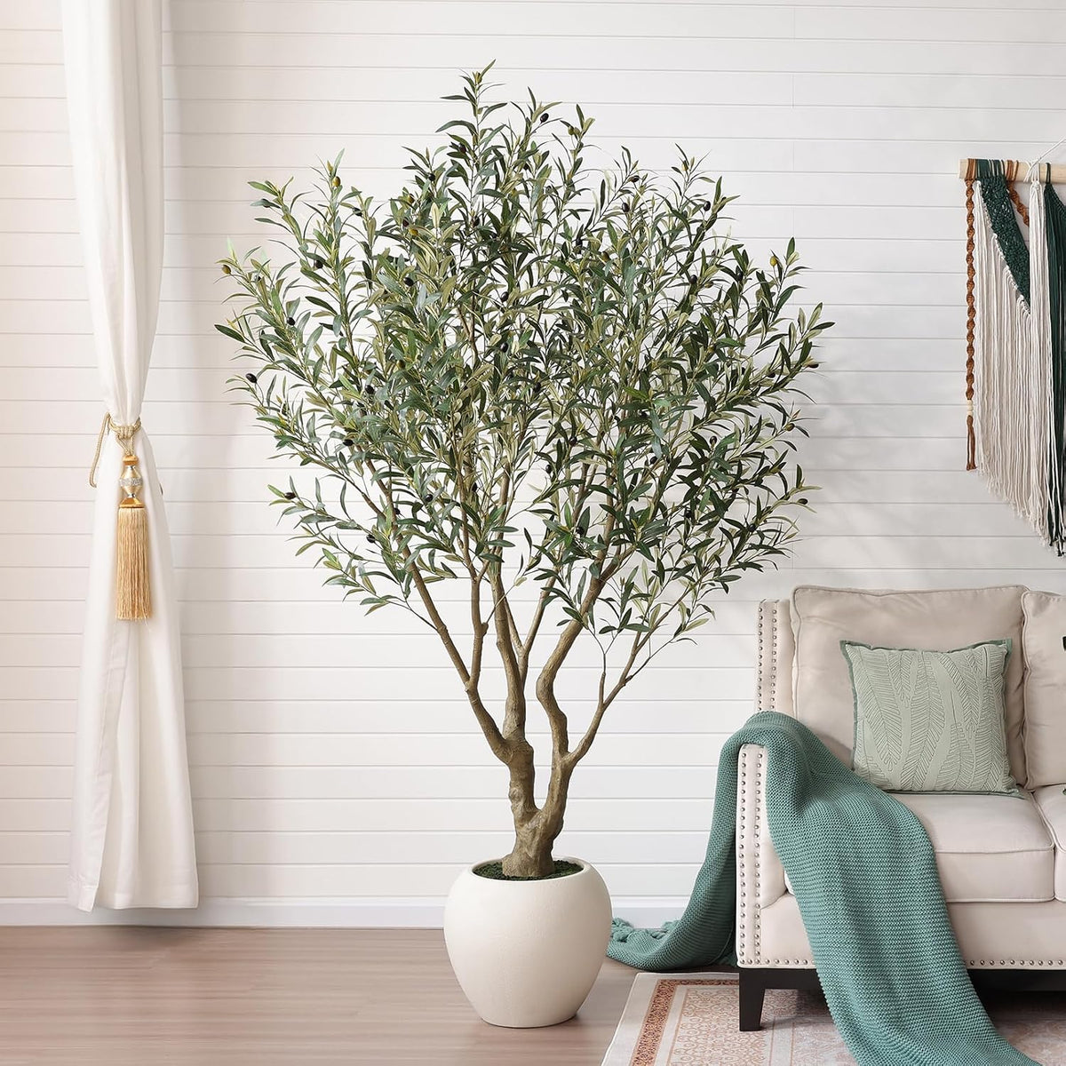 Artificial Olive Tree 7FT Faux Plant Home Decor - Large White Pot with Lifelike Silk Leaves, UV Resistant & No Maintenance - Indoor Outdoor Fake Tree for Modern Office Living Room,VN164