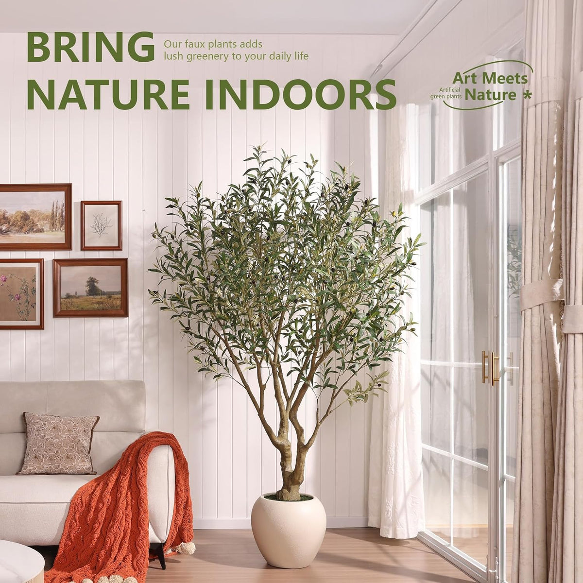 Artificial Olive Tree 7FT Faux Plant Home Decor - Large White Pot with Lifelike Silk Leaves, UV Resistant & No Maintenance - Indoor Outdoor Fake Tree for Modern Office Living Room,VN164
