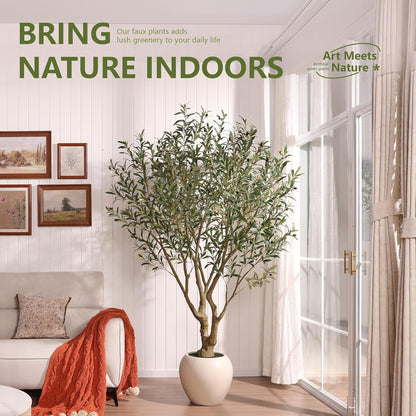 Artificial Olive Tree 7FT Faux Plant Home Decor - Large White Pot with Lifelike Silk Leaves, UV Resistant & No Maintenance - Indoor Outdoor Fake Tree for Modern Office Living Room,VN164