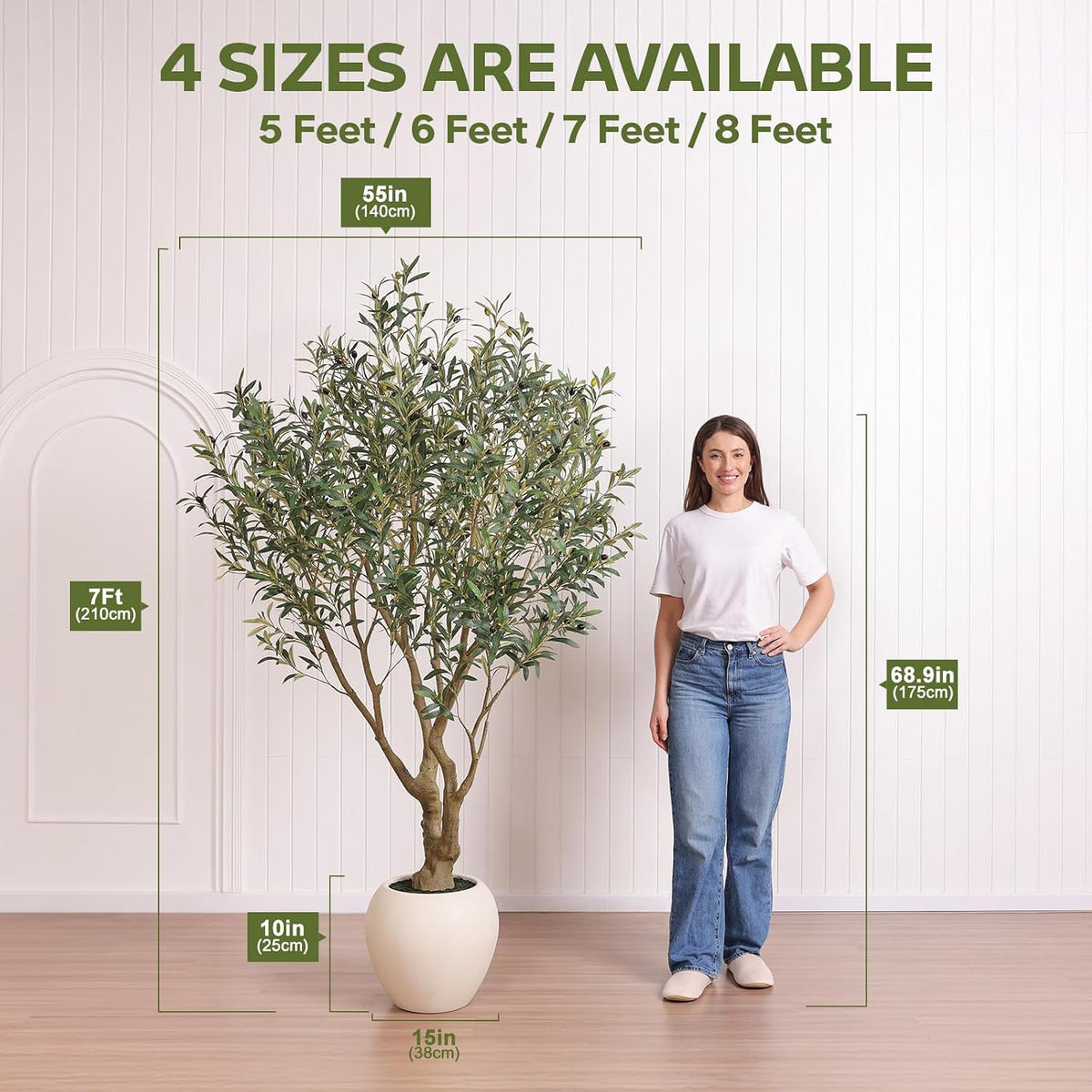 Artificial Olive Tree 7FT Faux Plant Home Decor - Large White Pot with Lifelike Silk Leaves, UV Resistant & No Maintenance - Indoor Outdoor Fake Tree for Modern Office Living Room,VN164
