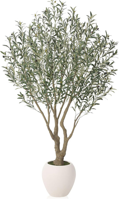 Artificial Olive Tree 7FT Faux Plant Home Decor - Large White Pot with Lifelike Silk Leaves, UV Resistant & No Maintenance - Indoor Outdoor Fake Tree for Modern Office Living Room,VN164