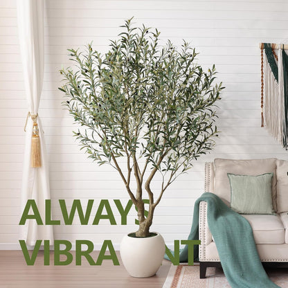 Artificial Olive Tree 7FT Faux Plant Home Decor - Large White Pot with Lifelike Silk Leaves, UV Resistant & No Maintenance - Indoor Outdoor Fake Tree for Modern Office Living Room,VN164
