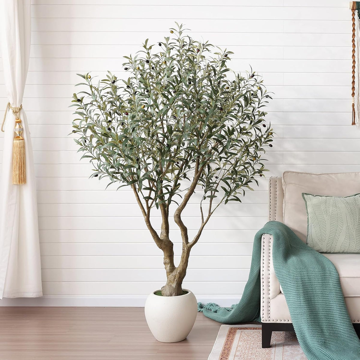 Artificial Olive Tree 7FT Faux Plant Home Decor - Large White Pot with Lifelike Silk Leaves, UV Resistant & No Maintenance - Indoor Outdoor Fake Tree for Modern Office Living Room,VN164