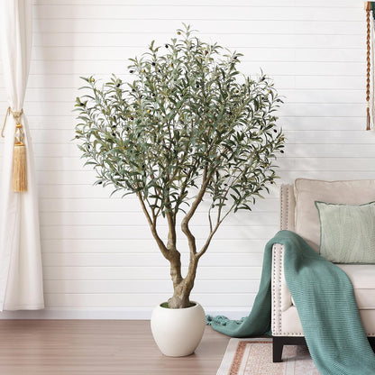 Artificial Olive Tree 7FT Faux Plant Home Decor - Large White Pot with Lifelike Silk Leaves, UV Resistant & No Maintenance - Indoor Outdoor Fake Tree for Modern Office Living Room,VN164