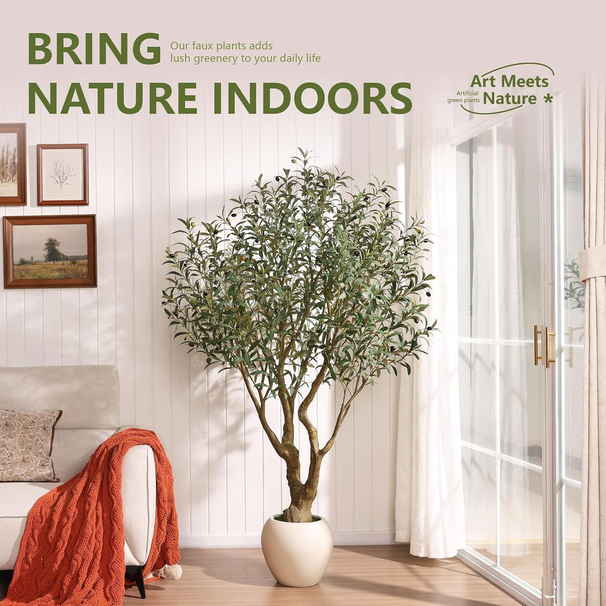 Artificial Olive Tree 7FT Faux Plant Home Decor - Large White Pot with Lifelike Silk Leaves, UV Resistant & No Maintenance - Indoor Outdoor Fake Tree for Modern Office Living Room,VN164