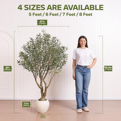 Artificial Olive Tree 7FT Faux Plant Home Decor - Large White Pot with Lifelike Silk Leaves, UV Resistant & No Maintenance - Indoor Outdoor Fake Tree for Modern Office Living Room,VN164