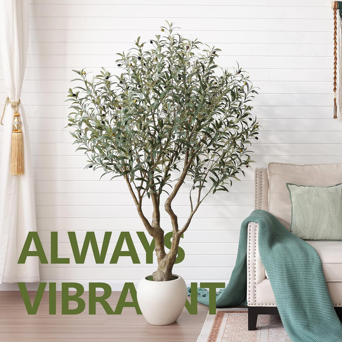 Artificial Olive Tree 7FT Faux Plant Home Decor - Large White Pot with Lifelike Silk Leaves, UV Resistant & No Maintenance - Indoor Outdoor Fake Tree for Modern Office Living Room,VN164