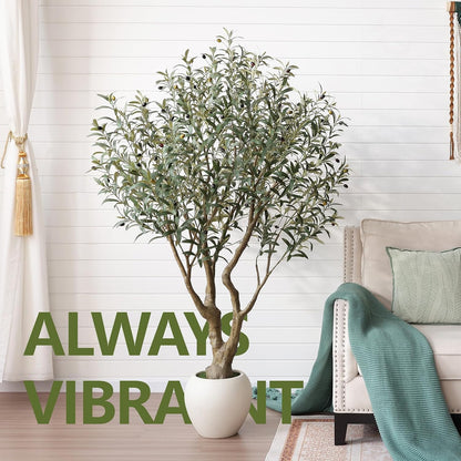 Artificial Olive Tree 7FT Faux Plant Home Decor - Large White Pot with Lifelike Silk Leaves, UV Resistant & No Maintenance - Indoor Outdoor Fake Tree for Modern Office Living Room,VN164