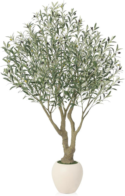 Artificial Olive Tree 7FT Faux Plant Home Decor - Large White Pot with Lifelike Silk Leaves, UV Resistant & No Maintenance - Indoor Outdoor Fake Tree for Modern Office Living Room,VN164