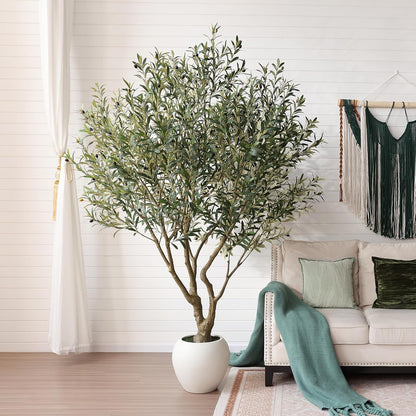Artificial Olive Tree 7FT Faux Plant Home Decor - Large White Pot with Lifelike Silk Leaves, UV Resistant & No Maintenance - Indoor Outdoor Fake Tree for Modern Office Living Room,VN164