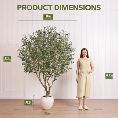 Artificial Olive Tree 7FT Faux Plant Home Decor - Large White Pot with Lifelike Silk Leaves, UV Resistant & No Maintenance - Indoor Outdoor Fake Tree for Modern Office Living Room,VN164