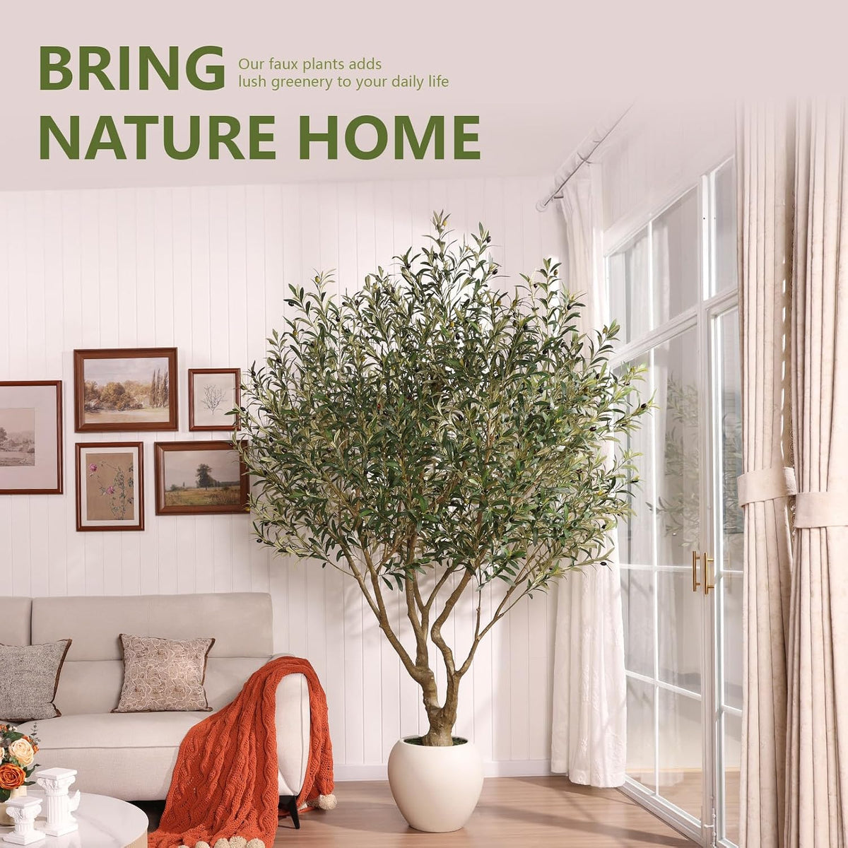 Artificial Olive Tree 7FT Faux Plant Home Decor - Large White Pot with Lifelike Silk Leaves, UV Resistant & No Maintenance - Indoor Outdoor Fake Tree for Modern Office Living Room,VN164