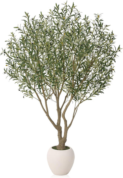 Artificial Olive Tree 7FT Faux Plant Home Decor - Large White Pot with Lifelike Silk Leaves, UV Resistant & No Maintenance - Indoor Outdoor Fake Tree for Modern Office Living Room,VN164
