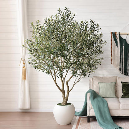 Artificial Olive Tree 7FT Faux Plant Home Decor - Large White Pot with Lifelike Silk Leaves, UV Resistant & No Maintenance - Indoor Outdoor Fake Tree for Modern Office Living Room,VN164