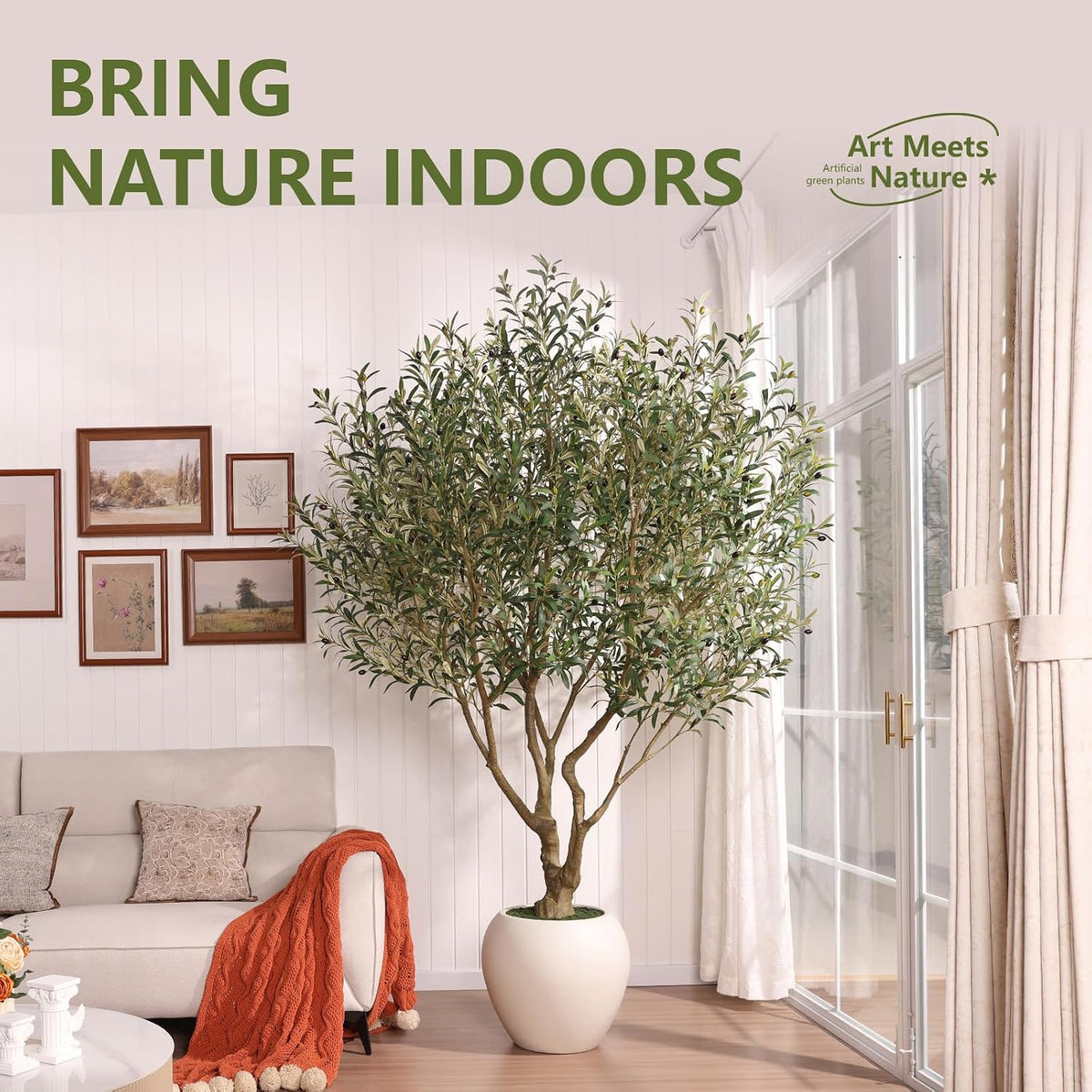 Artificial Olive Tree 7FT Faux Plant Home Decor - Large White Pot with Lifelike Silk Leaves, UV Resistant & No Maintenance - Indoor Outdoor Fake Tree for Modern Office Living Room,VN164