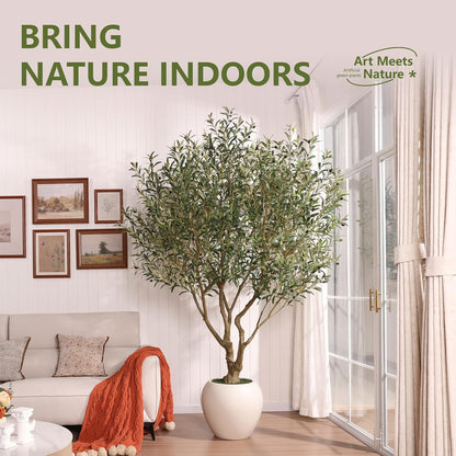 Artificial Olive Tree 7FT Faux Plant Home Decor - Large White Pot with Lifelike Silk Leaves, UV Resistant & No Maintenance - Indoor Outdoor Fake Tree for Modern Office Living Room,VN164