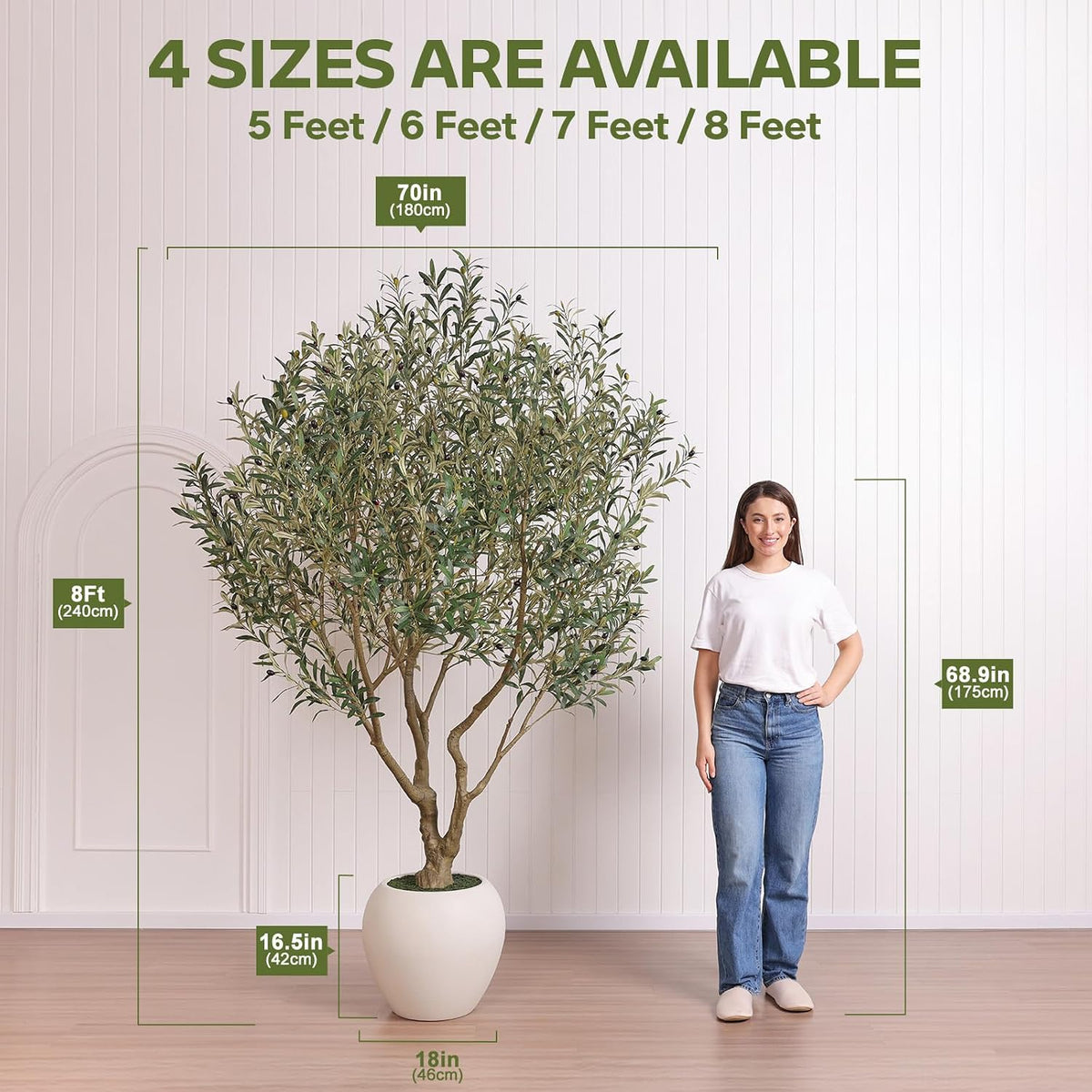 Artificial Olive Tree 7FT Faux Plant Home Decor - Large White Pot with Lifelike Silk Leaves, UV Resistant & No Maintenance - Indoor Outdoor Fake Tree for Modern Office Living Room,VN164