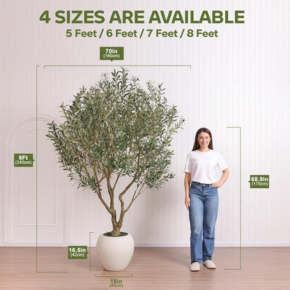 Artificial Olive Tree 7FT Faux Plant Home Decor - Large White Pot with Lifelike Silk Leaves, UV Resistant & No Maintenance - Indoor Outdoor Fake Tree for Modern Office Living Room,VN164