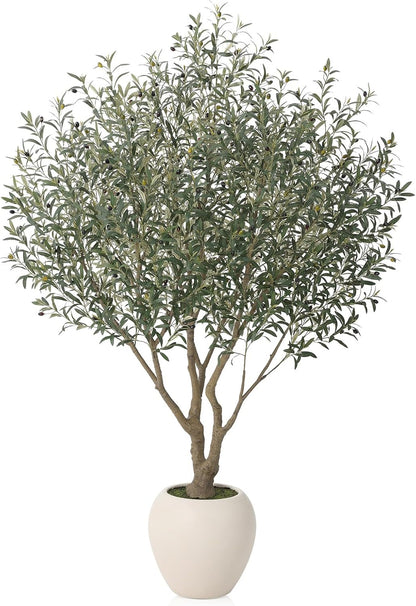 Artificial Olive Tree 7FT Faux Plant Home Decor - Large White Pot with Lifelike Silk Leaves, UV Resistant & No Maintenance - Indoor Outdoor Fake Tree for Modern Office Living Room,VN164