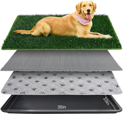 FURWAY Dog Grass Pad with Tray Artificial Grass Puppy Pee Pad for Dogs, Reusable 4-Layer Training Potty Pad with Tray, Quick Absorbent Indoor & Outdoor Portable Dog Patio Potty ( 35.4"x23.6")