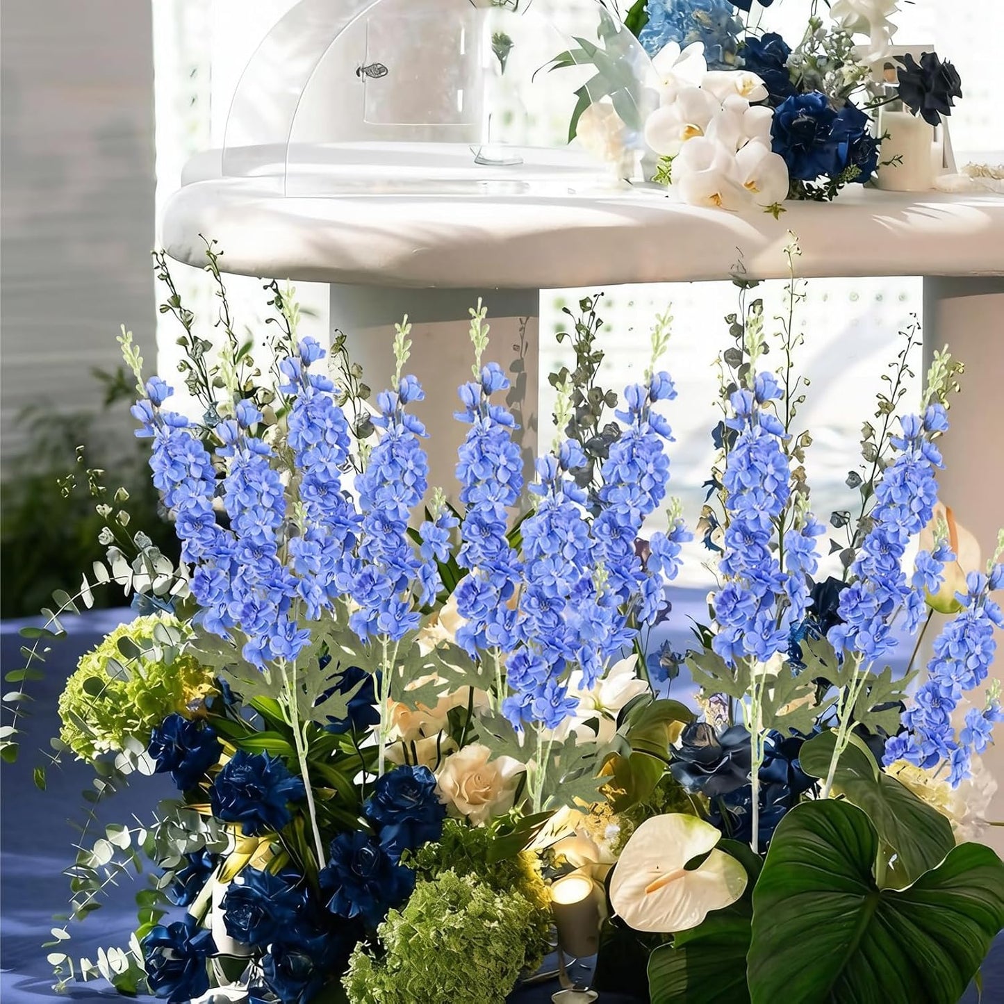 16Pcs Dusty Blue Delphinium Artificial Flowers 33.5'' Larkspur Flowers Bulk Long Stem Dusty Blue Wedding Decor Silk Flowers for Tall Vase Wedding Table Centerpieces Home Garden Decor