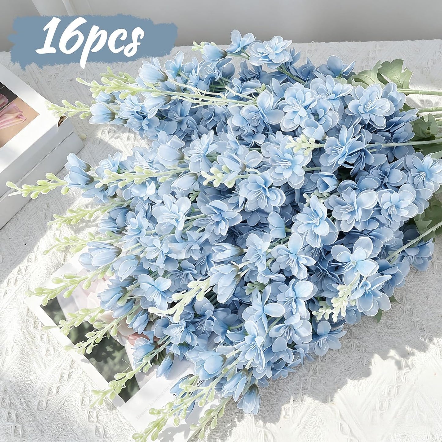 16Pcs Dusty Blue Delphinium Artificial Flowers 33.5'' Larkspur Flowers Bulk Long Stem Dusty Blue Wedding Decor Silk Flowers for Tall Vase Wedding Table Centerpieces Home Garden Decor