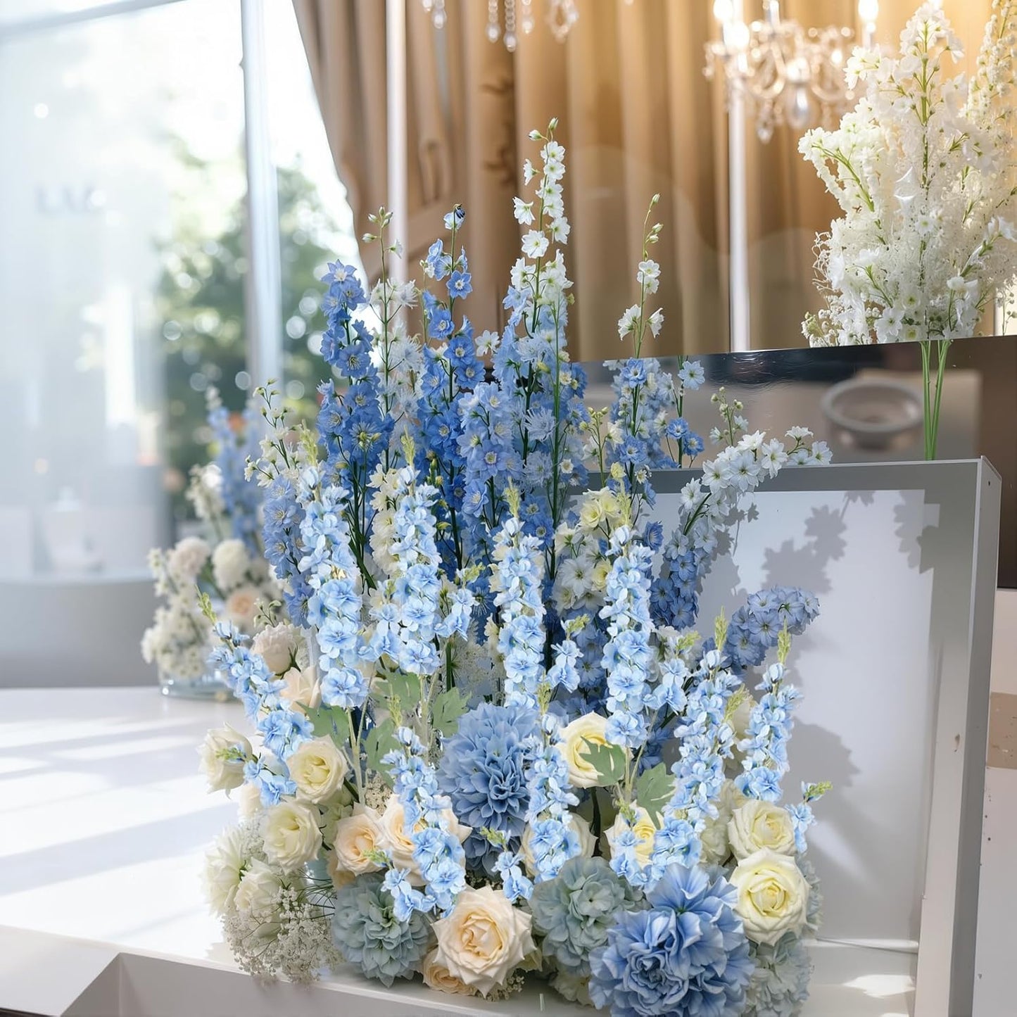 16Pcs Dusty Blue Delphinium Artificial Flowers 33.5'' Larkspur Flowers Bulk Long Stem Dusty Blue Wedding Decor Silk Flowers for Tall Vase Wedding Table Centerpieces Home Garden Decor