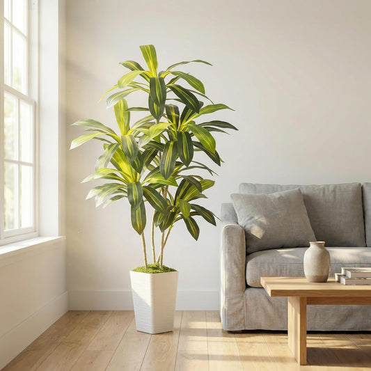 6ft Artificial Dracaena Tree Indoor, Tall Fake Tree with White Tall Planter