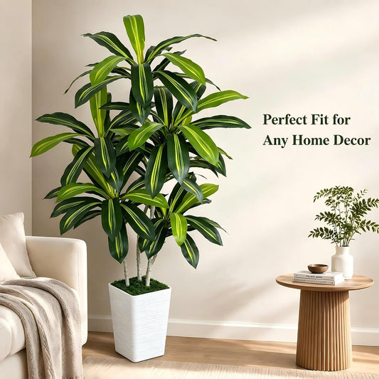6ft Artificial Dracaena Tree Indoor, Tall Fake Tree with White Tall Planter