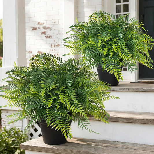 2 Set Artificial Ferns Potted Plant for Front Door 21in Outdoor Ferns UV Resistant Topiary Artificial Boston Ferns in Pot Fake Greenery Potted for Outdoors Farmhouse Garden Front Porch Decor