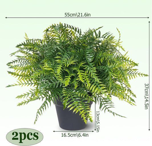 2 Set Artificial Ferns Potted Plant for Front Door 21in Outdoor Ferns UV Resistant Topiary Artificial Boston Ferns in Pot Fake Greenery Potted for Outdoors Farmhouse Garden Front Porch Decor