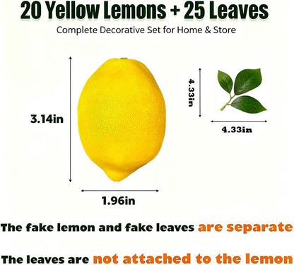 20Pcs Fake Lemons Artificial Fruits with 25 Leaves Faux Yellow Lifelike Plastic Lemon Decorations Realistic Limes Fruit Decor for Home Kitchen Table Cabinet Holiday Party Photography Props