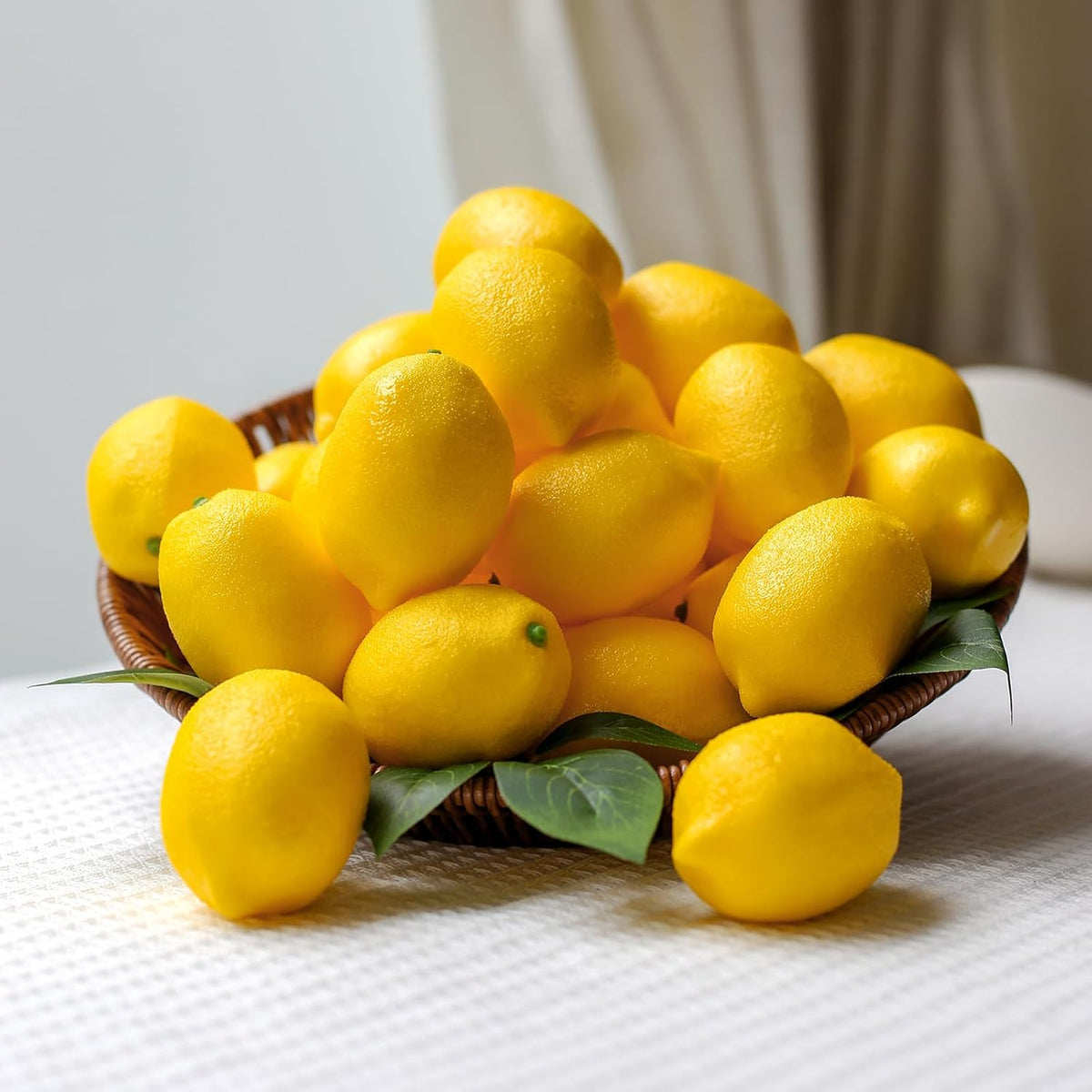 20Pcs Fake Lemons Artificial Fruits with 25 Leaves Faux Yellow Lifelike Plastic Lemon Decorations Realistic Limes Fruit Decor for Home Kitchen Table Cabinet Holiday Party Photography Props
