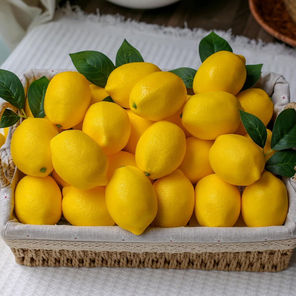 20Pcs Fake Lemons Artificial Fruits with 25 Leaves Faux Yellow Lifelike Plastic Lemon Decorations Realistic Limes Fruit Decor for Home Kitchen Table Cabinet Holiday Party Photography Props