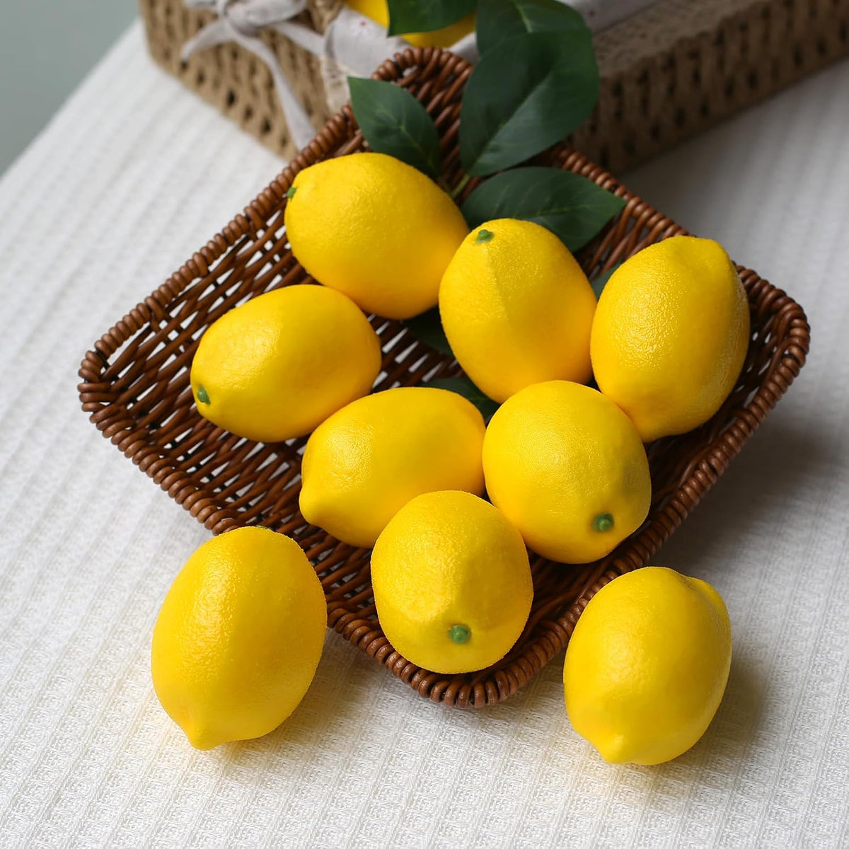20Pcs Fake Lemons Artificial Fruits with 25 Leaves Faux Yellow Lifelike Plastic Lemon Decorations Realistic Limes Fruit Decor for Home Kitchen Table Cabinet Holiday Party Photography Props