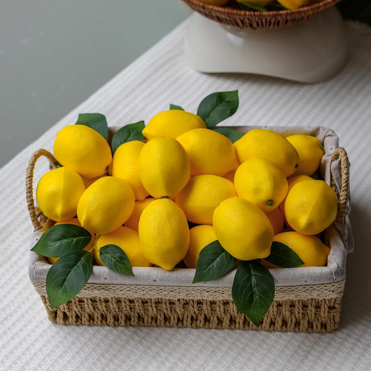20Pcs Fake Lemons Artificial Fruits with 25 Leaves Faux Yellow Lifelike Plastic Lemon Decorations Realistic Limes Fruit Decor for Home Kitchen Table Cabinet Holiday Party Photography Props