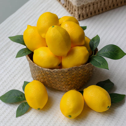 20Pcs Fake Lemons Artificial Fruits with 25 Leaves Faux Yellow Lifelike Plastic Lemon Decorations Realistic Limes Fruit Decor for Home Kitchen Table Cabinet Holiday Party Photography Props
