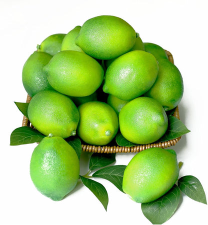 20Pcs Fake Lemons Artificial Fruits with 25 Leaves Faux Yellow Lifelike Plastic Lemon Decorations Realistic Limes Fruit Decor for Home Kitchen Table Cabinet Holiday Party Photography Props