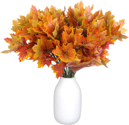 6 Pcs Artificial Maple Leaves 7 Branches Fall Stems Decor,Orange