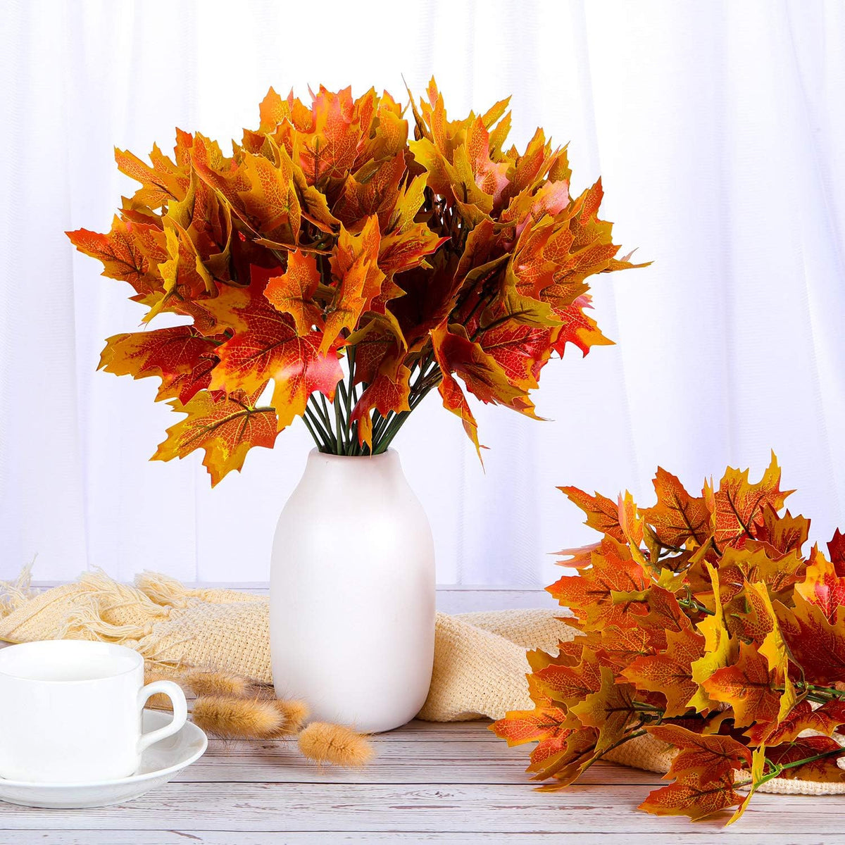 6 Pcs Artificial Maple Leaves 7 Branches Fall Stems Decor,Orange