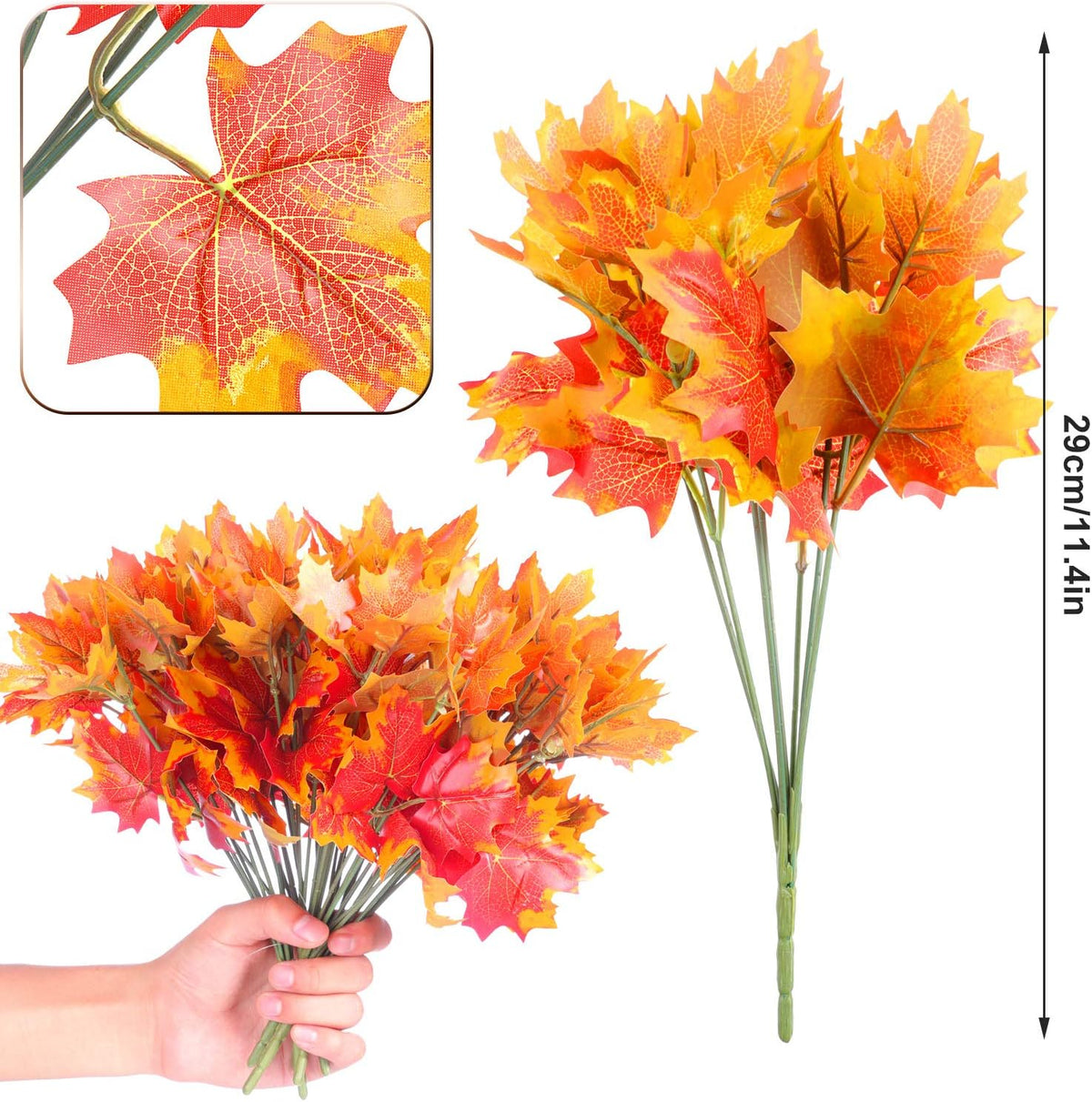 6 Pcs Artificial Maple Leaves 7 Branches Fall Stems Decor,Orange