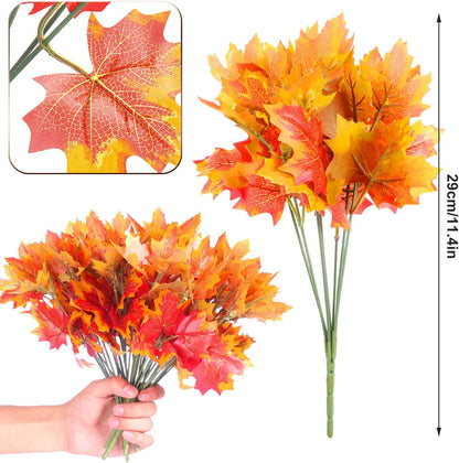 6 Pcs Artificial Maple Leaves 7 Branches Fall Stems Decor,Orange