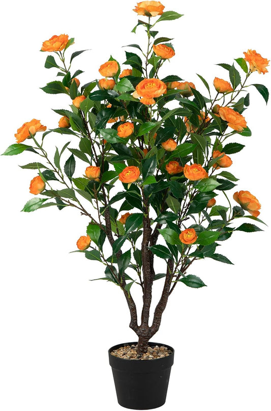 3.3 FT Artificial Camellia Tree, Faux Camellia Plant in Pot with 37 Flowers, Natural Trunk, Rain Flower Pebbles, Greenery Decorative Camellia Tree for Home, Shop & Office, Orange