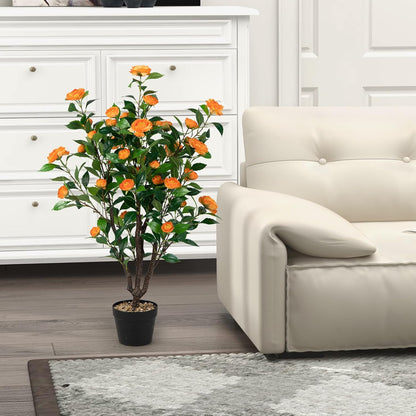 3.3 FT Artificial Camellia Tree, Faux Camellia Plant in Pot with 37 Flowers, Natural Trunk, Rain Flower Pebbles, Greenery Decorative Camellia Tree for Home, Shop & Office, Orange
