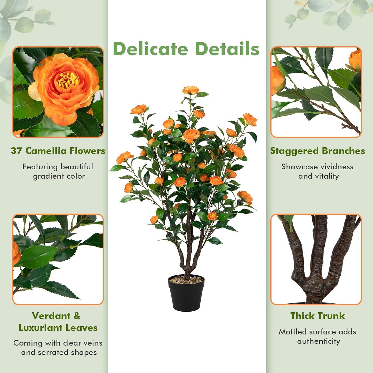 3.3 FT Artificial Camellia Tree, Faux Camellia Plant in Pot with 37 Flowers, Natural Trunk, Rain Flower Pebbles, Greenery Decorative Camellia Tree for Home, Shop & Office, Orange