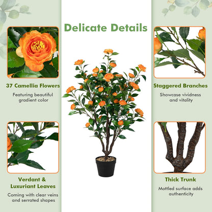 3.3 FT Artificial Camellia Tree, Faux Camellia Plant in Pot with 37 Flowers, Natural Trunk, Rain Flower Pebbles, Greenery Decorative Camellia Tree for Home, Shop & Office, Orange