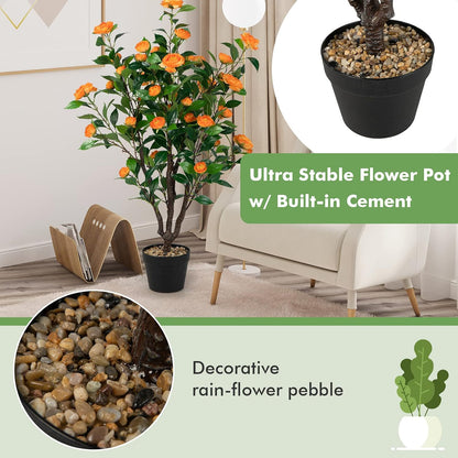 3.3 FT Artificial Camellia Tree, Faux Camellia Plant in Pot with 37 Flowers, Natural Trunk, Rain Flower Pebbles, Greenery Decorative Camellia Tree for Home, Shop & Office, Orange