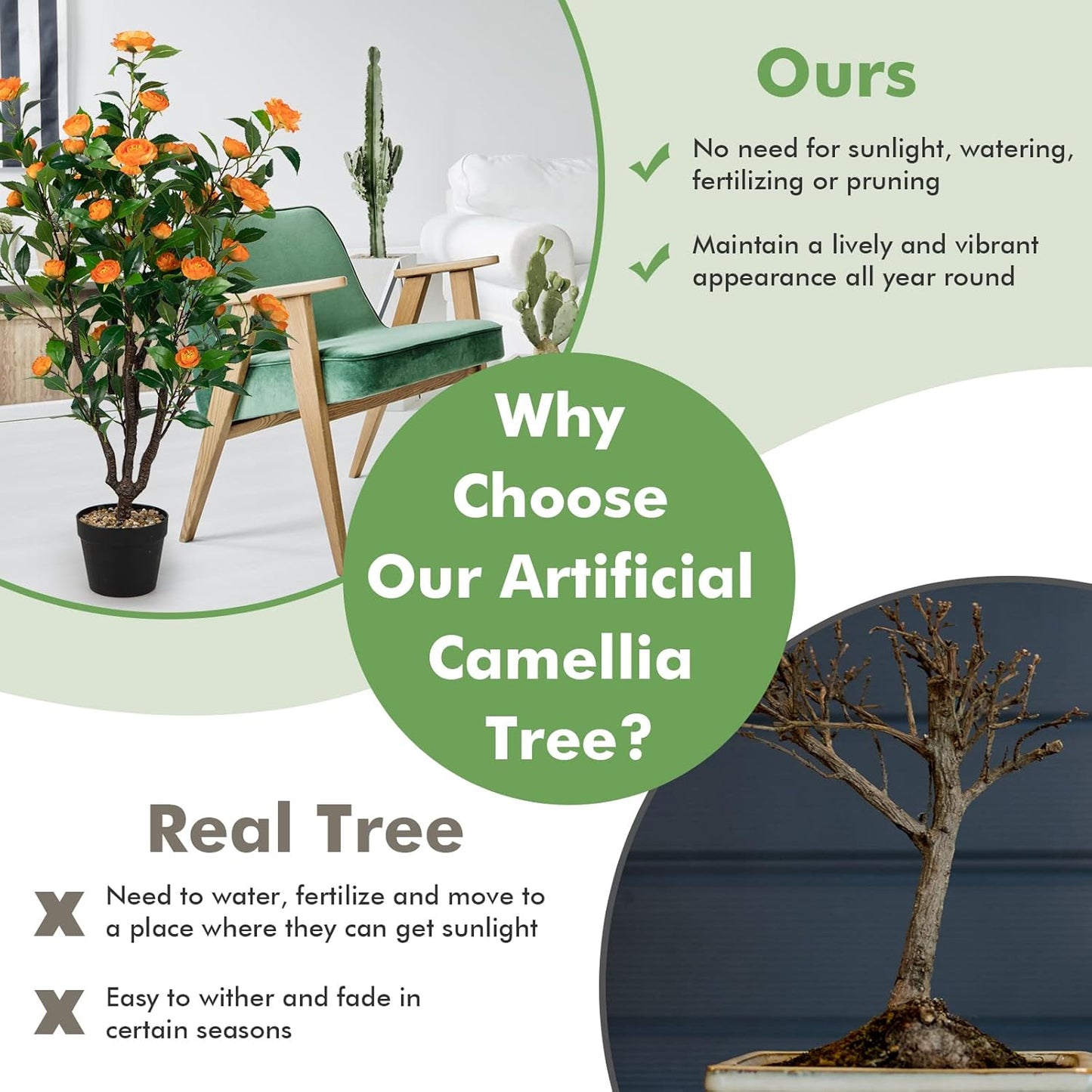 3.3 FT Artificial Camellia Tree, Faux Camellia Plant in Pot with 37 Flowers, Natural Trunk, Rain Flower Pebbles, Greenery Decorative Camellia Tree for Home, Shop & Office, Orange