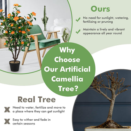 3.3 FT Artificial Camellia Tree, Faux Camellia Plant in Pot with 37 Flowers, Natural Trunk, Rain Flower Pebbles, Greenery Decorative Camellia Tree for Home, Shop & Office, Orange