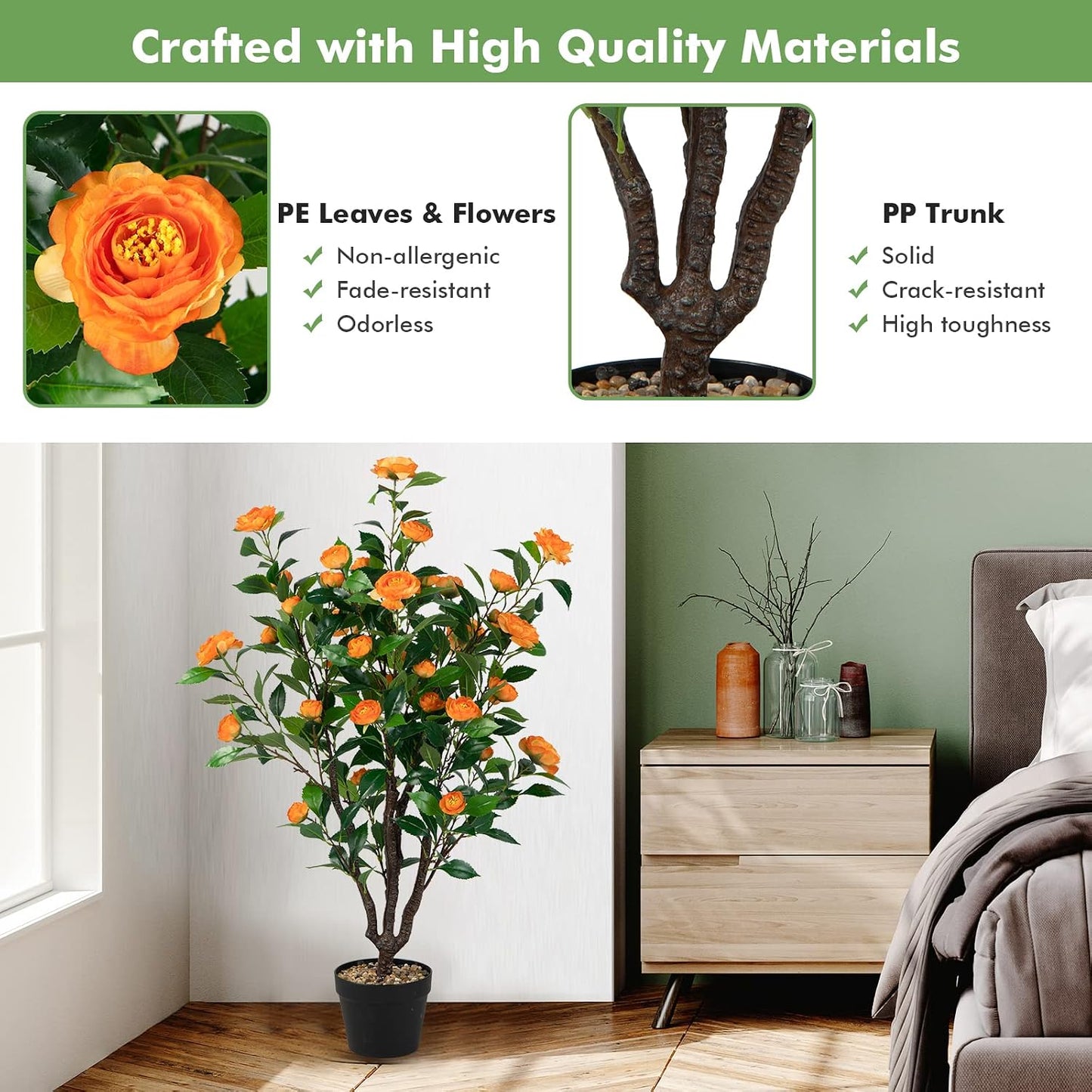 3.3 FT Artificial Camellia Tree, Faux Camellia Plant in Pot with 37 Flowers, Natural Trunk, Rain Flower Pebbles, Greenery Decorative Camellia Tree for Home, Shop & Office, Orange